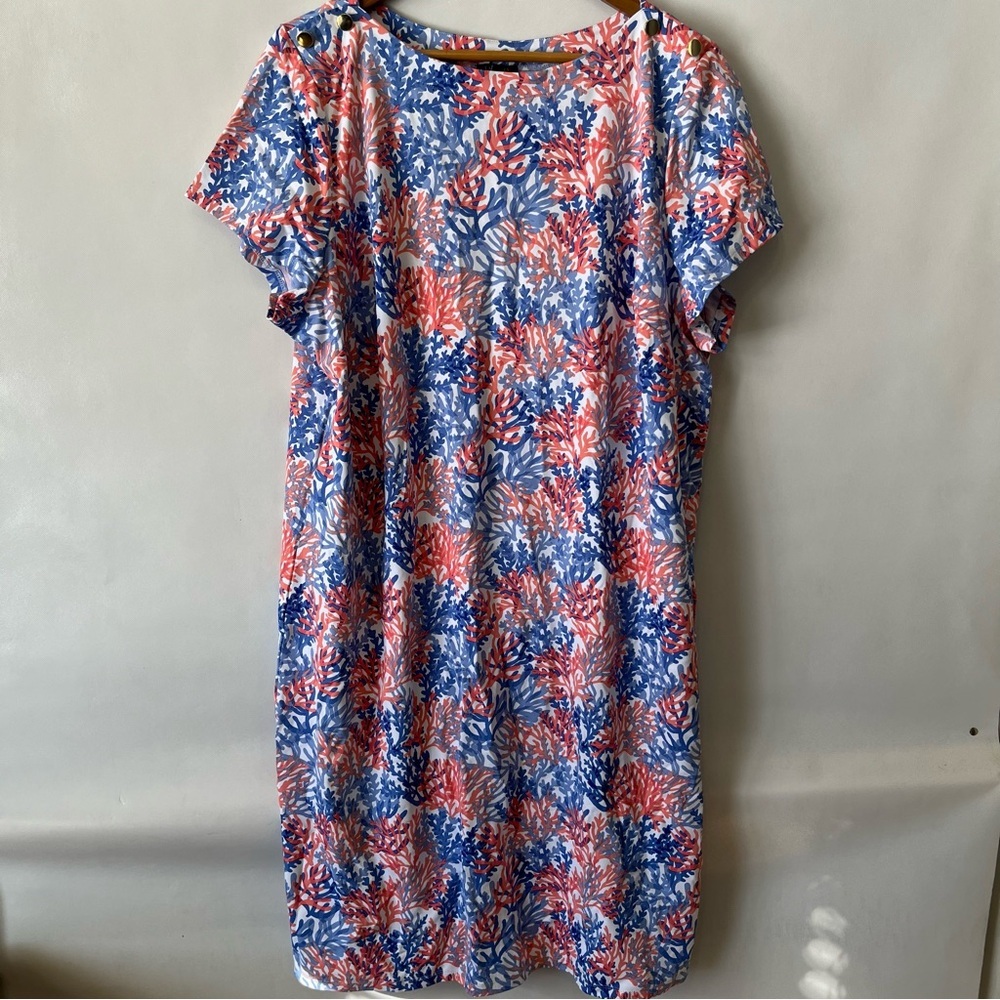 Talbots Plus Dynamic Coral Print Jersey Shift Dress